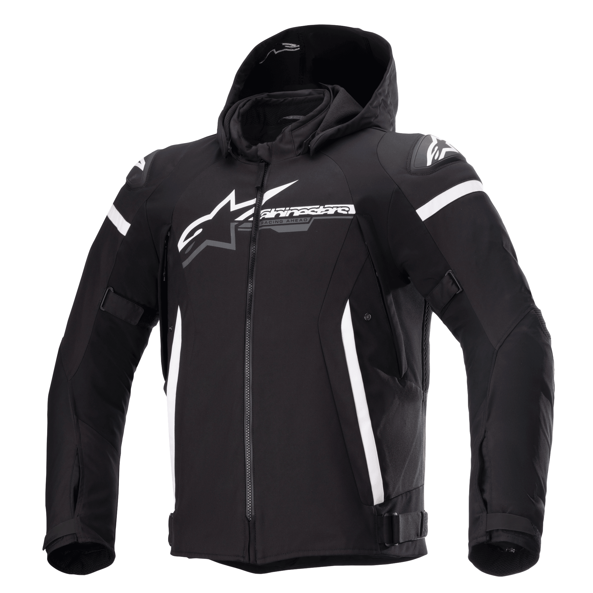 Alpinestars Zaca vandtæt jakke, sort motorcykeljakke med aftagelig hætte, stort hvidt Alpinestars-logo på brystet, hvide striber på overarmene og lodrette sideaccenter, lynlås foran, forstærket skulderbeskyttelse, justerbare stropper i taljen og på armene, tekstil-softshellkonstruktion