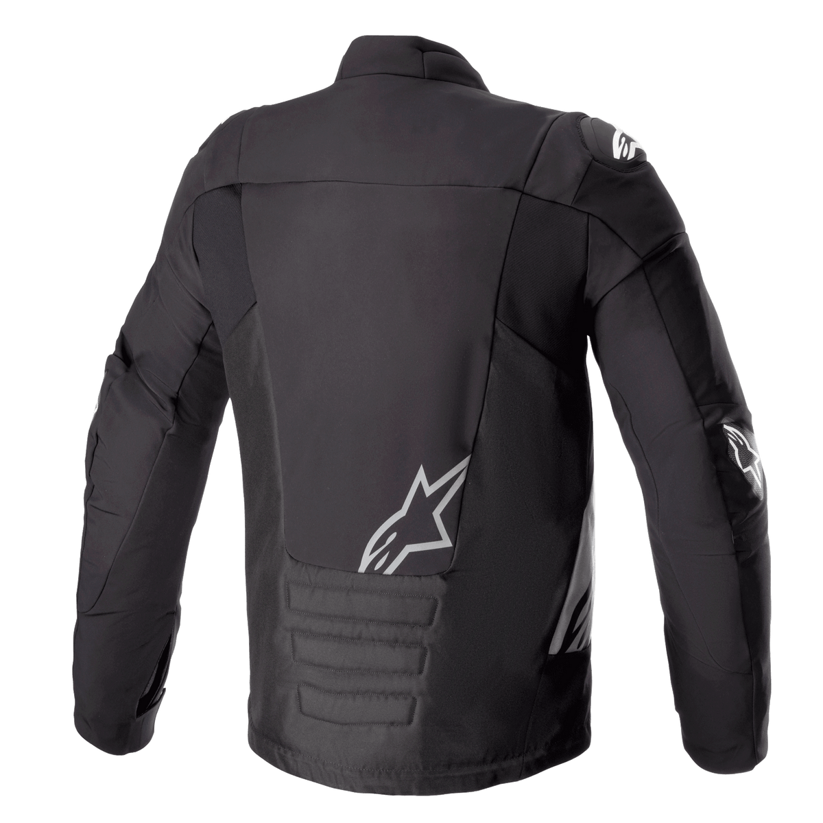 Alpinestars SMX Vandtæt Jakke, Sort mørkegrå, set bagfra, med hvidt Alpinestars-logo på lænden og skulderen, polstret lændestykke, teknisk tekstil- og softshell-motorcykeljakke