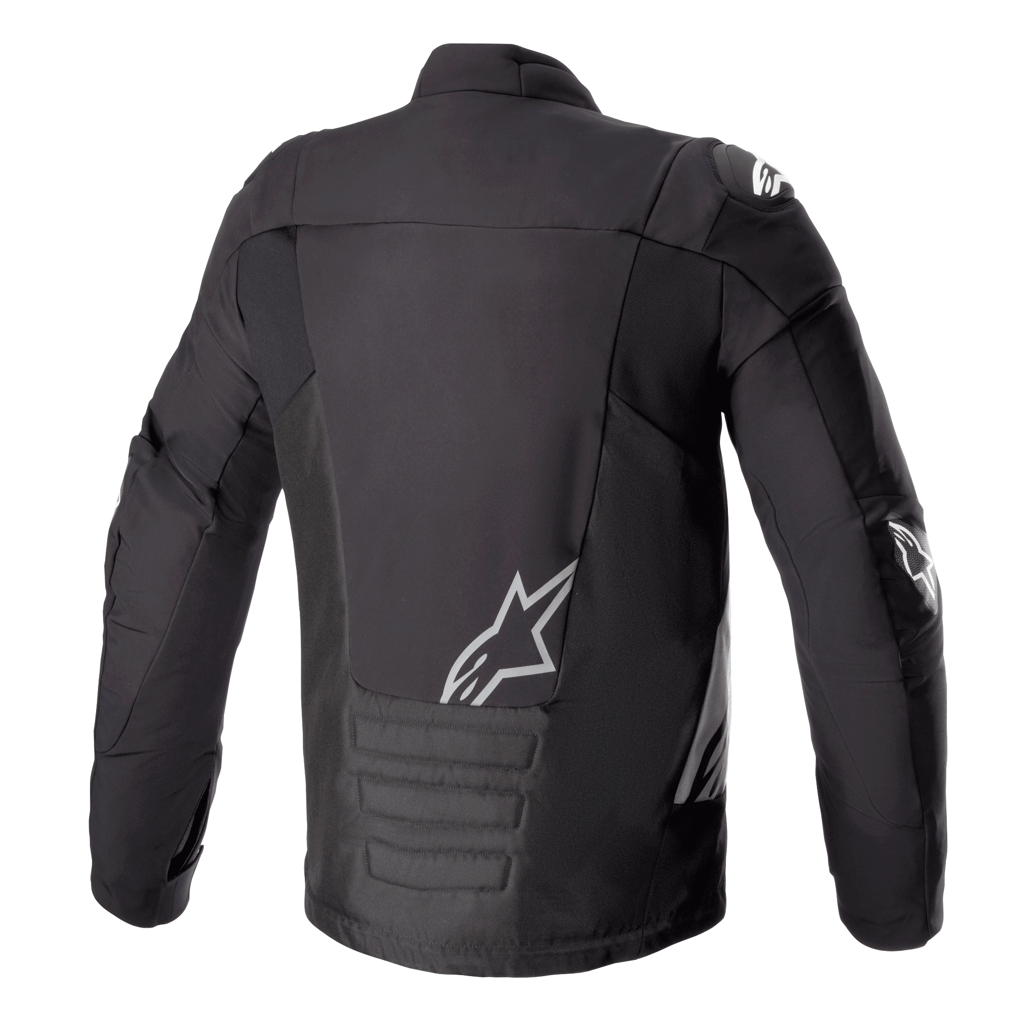 Alpinestars SMX Vandtæt Jakke, Sort mørkegrå, set bagfra, med hvidt Alpinestars-logo på lænden og skulderen, polstret lændestykke, teknisk tekstil- og softshell-motorcykeljakke