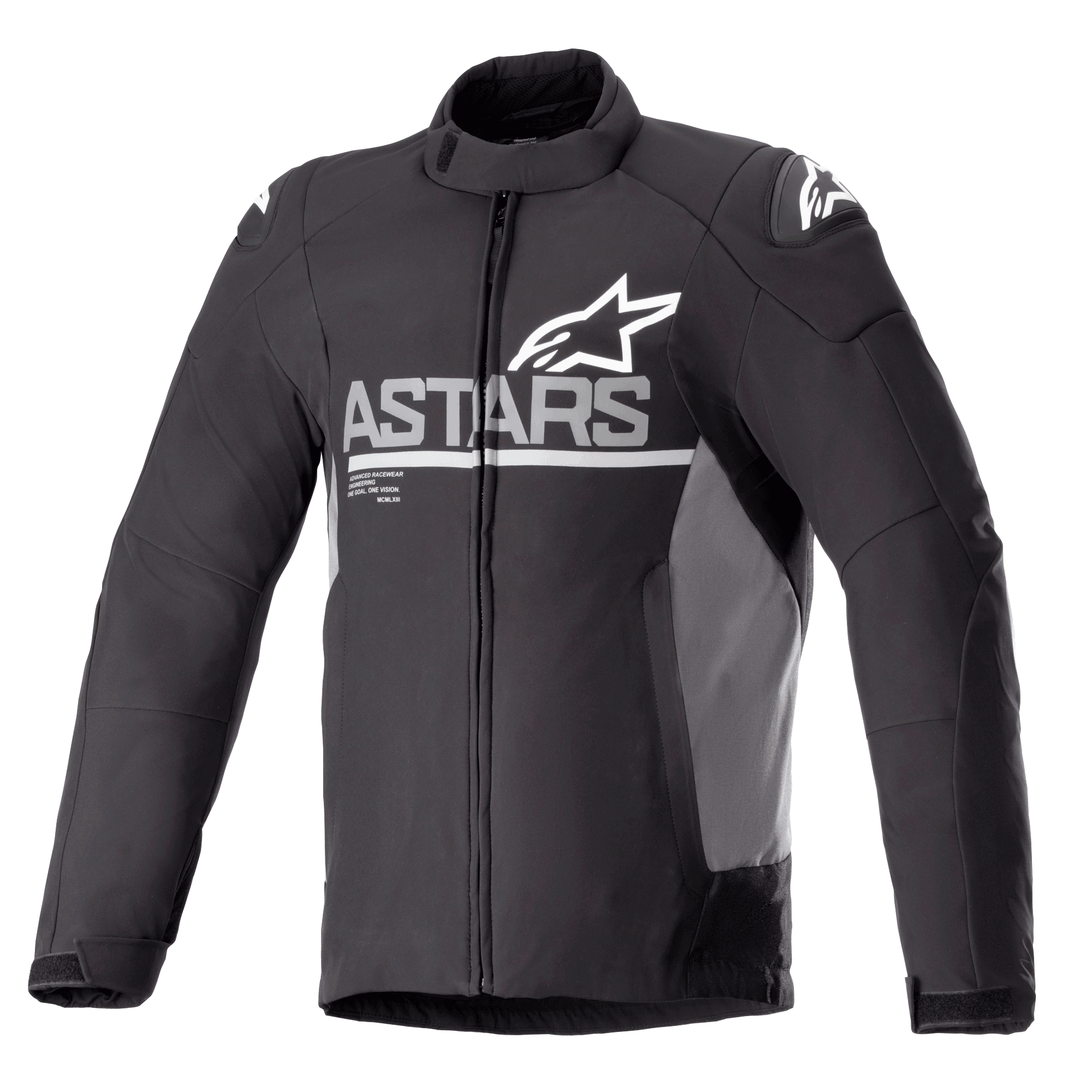 Alpinestars SMX Waterproof Jacket, motorcykeljakke, sort med mørkegrå sidepaneler, hvidt ASTARS-logo på brystet og stjernelogoer på skuldrene, tekstil- og softshell-konstruktion, fuld lynlås foran, høj krave og justerbare velcro-manchetter