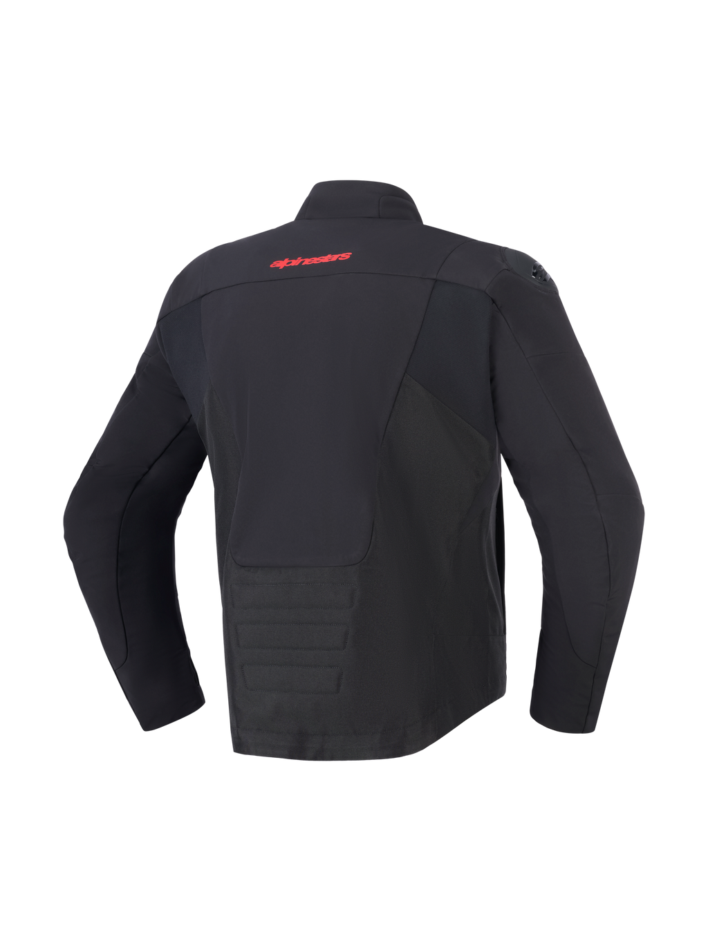 Alpinestars SMX vandtæt jakke, sort, set bagfra med rødt Alpinestars-logo på den øverste del af ryggen, forlænget rygstykke for ekstra dækning, tekstil- og softshell-paneler, beskyttende motorcykeludstyr til vej- og sportskørsel