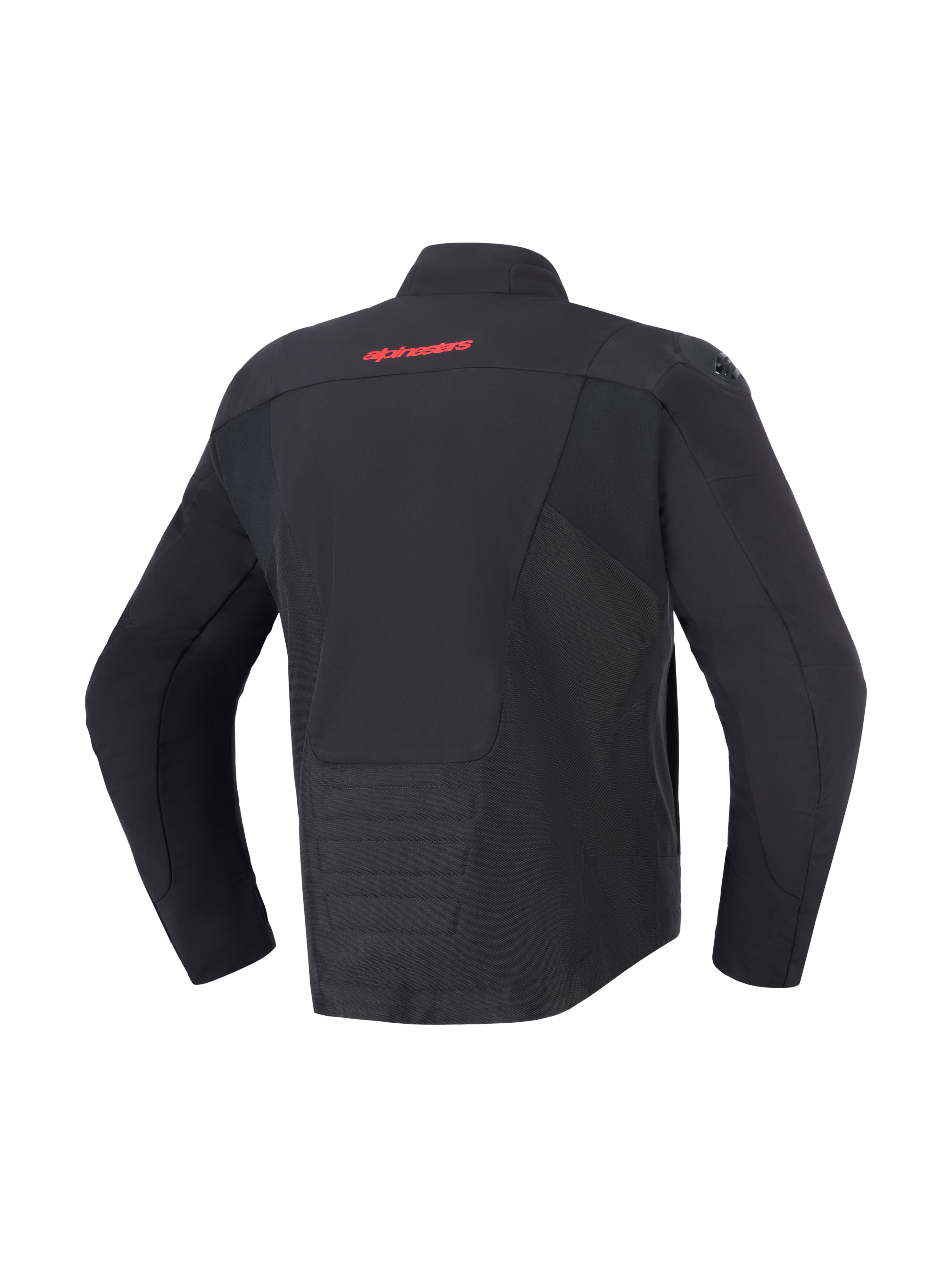 Alpinestars SMX vandtæt jakke, sort, set bagfra med rødt Alpinestars-logo på den øverste del af ryggen, forlænget rygstykke for ekstra dækning, tekstil- og softshell-paneler, beskyttende motorcykeludstyr til vej- og sportskørsel