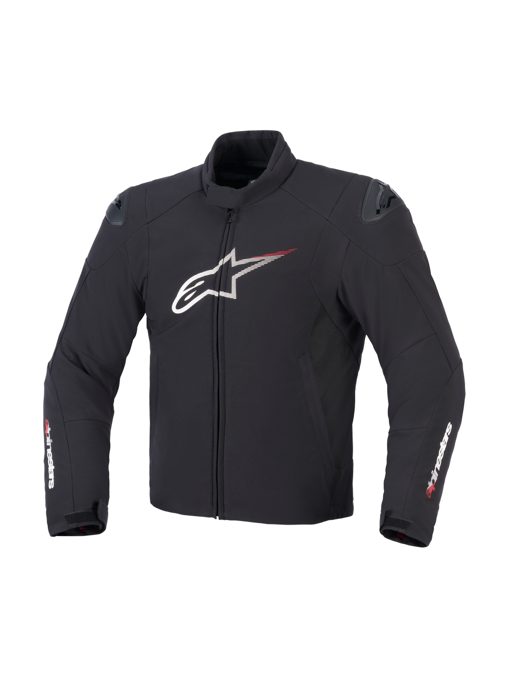 Alpinestars SMX Vandtæt Jakke i sort, hvid og klar rød, set forfra, viser tekstilkonstruktion, stort hvidt Astar-logo på brystet med røde fartstriber, eksterne DFS lite-skulderskydere og Alpinestars-branding på ærmerne.