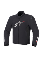 Alpinestars SMX Vandtæt Jakke i sort, hvid og klar rød, set forfra, viser tekstilkonstruktion, stort hvidt Astar-logo på brystet med røde fartstriber, eksterne DFS lite-skulderskydere og Alpinestars-branding på ærmerne.