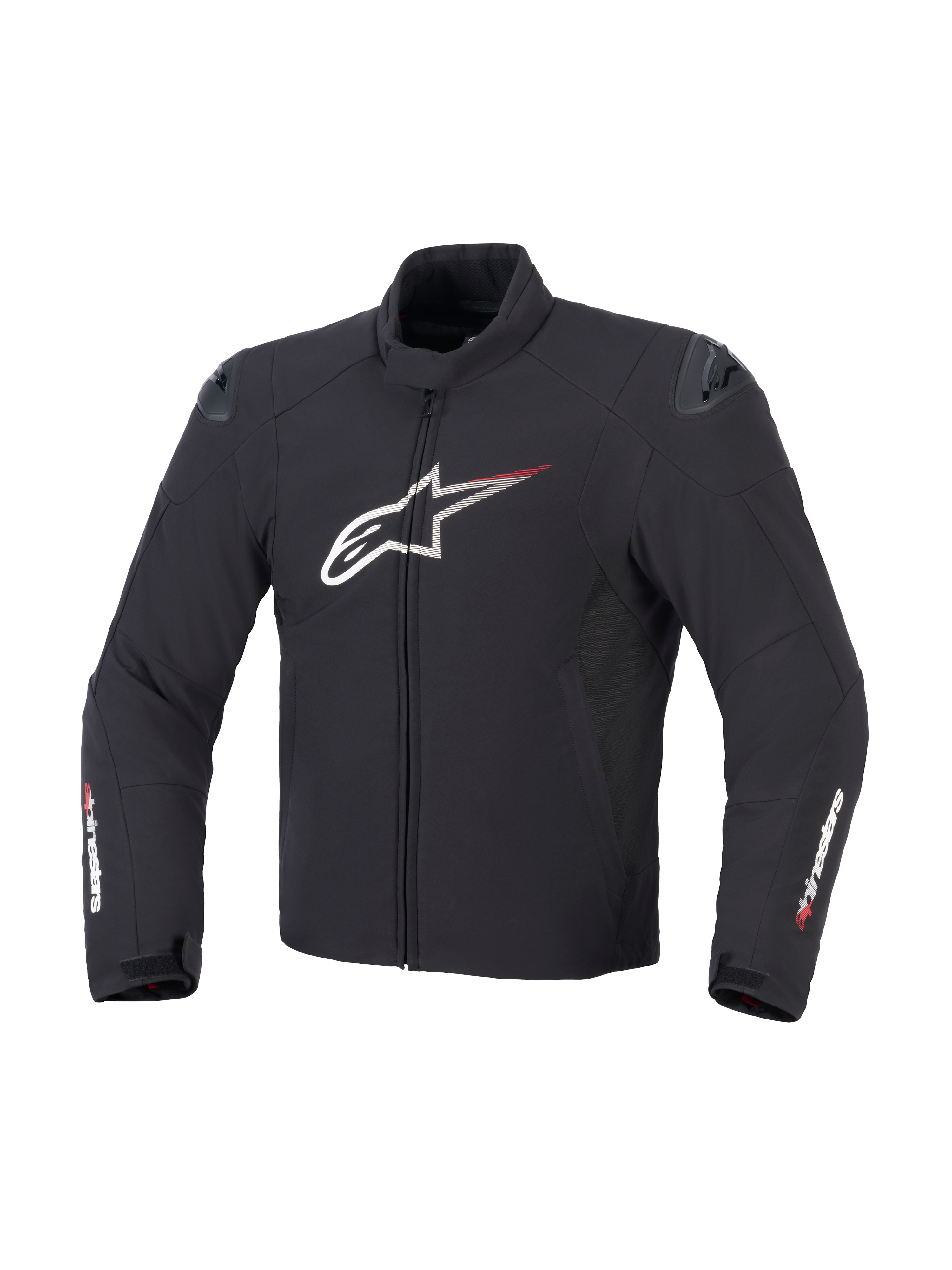 Alpinestars SMX Vandtæt Jakke i sort, hvid og klar rød, set forfra, viser tekstilkonstruktion, stort hvidt Astar-logo på brystet med røde fartstriber, eksterne DFS lite-skulderskydere og Alpinestars-branding på ærmerne.
