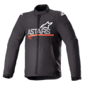 Alpinestars SMX Waterproof-jakke, tekstil-motorcykeljakke, sort med mørkegrå og klar rød, med ASTARS-logo og stjernelogo på brystet, vandret rød stribe, hvide logoer på skuldrene, høj krave og lynlås foran, beskyttende og vejrbestandigt sportsdesign