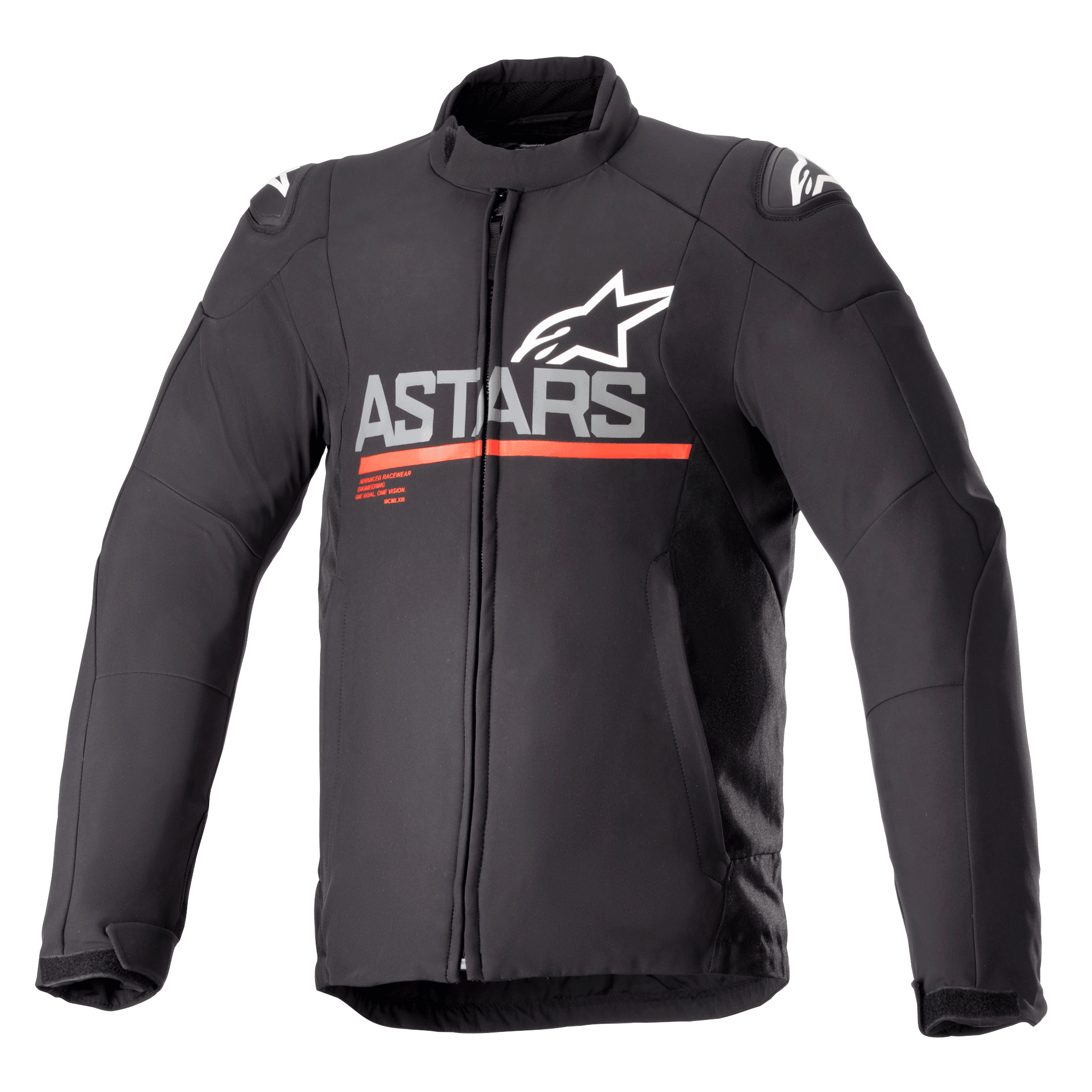 Alpinestars SMX Waterproof-jakke, tekstil-motorcykeljakke, sort med mørkegrå og klar rød, med ASTARS-logo og stjernelogo på brystet, vandret rød stribe, hvide logoer på skuldrene, høj krave og lynlås foran, beskyttende og vejrbestandigt sportsdesign