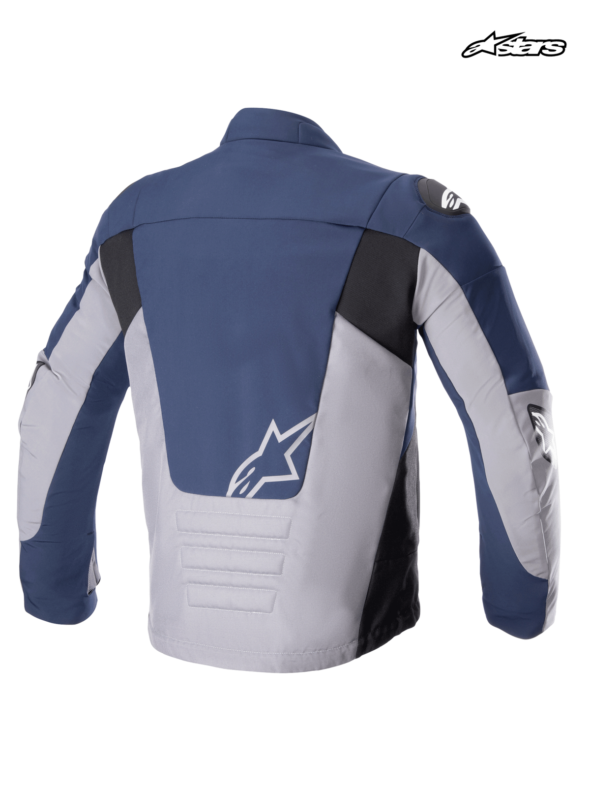 Alpinestars SMX Vandtæt jakke, herre-motorcykeltekstiljakke set bagfra, natblå, mørkegrå og sort, med forlænget ryg og hvidt A-star-logo