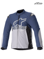 Alpinestars SMX Vandtæt Jakke, herre-motorcykelracingjakke i natblå og mørkegrå, set forfra med vandtæt konstruktion og skulderbeskyttere