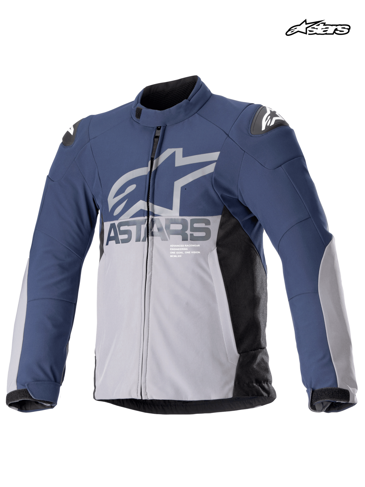 Alpinestars SMX Waterproof Jacket, men's motorcycle racing and sport textile jacket in night navy and dark gray, front view showing waterproof construction and shoulder armor shields