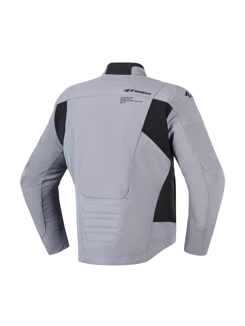 Alpinestars SMX vandtæt jakke i mørkegrå sort, set bagfra, viser tekstil- og softshell-konstruktion, Alpinestars-logo og grafik på den øverste del af ryggen, sorte sidepaneler og forlænget bagprofil for dækning under kørsel, sporty motorcykel-vejjakke.
