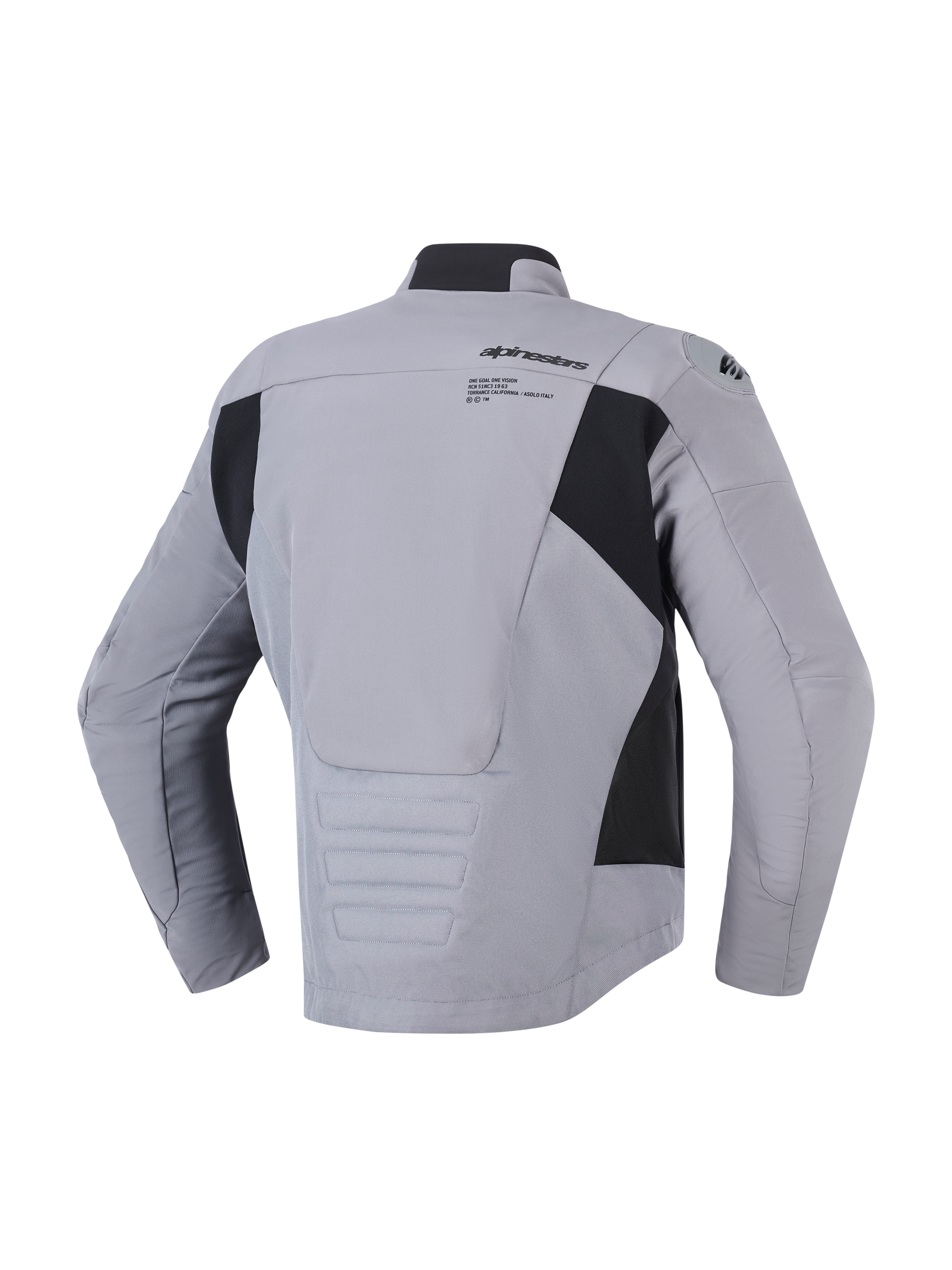 Alpinestars SMX vandtæt jakke i mørkegrå sort, set bagfra, viser tekstil- og softshell-konstruktion, Alpinestars-logo og grafik på den øverste del af ryggen, sorte sidepaneler og forlænget bagprofil for dækning under kørsel, sporty motorcykel-vejjakke.