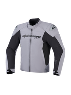 Alpinestars SMX Vandtæt Jakke, motorcykeljakke, mørkegrå og sort, set forfra med Alpinestars-logo på brystet og DFS Lite-skulderskydere, tekstildesign med sport-pasform til landevejskørsel