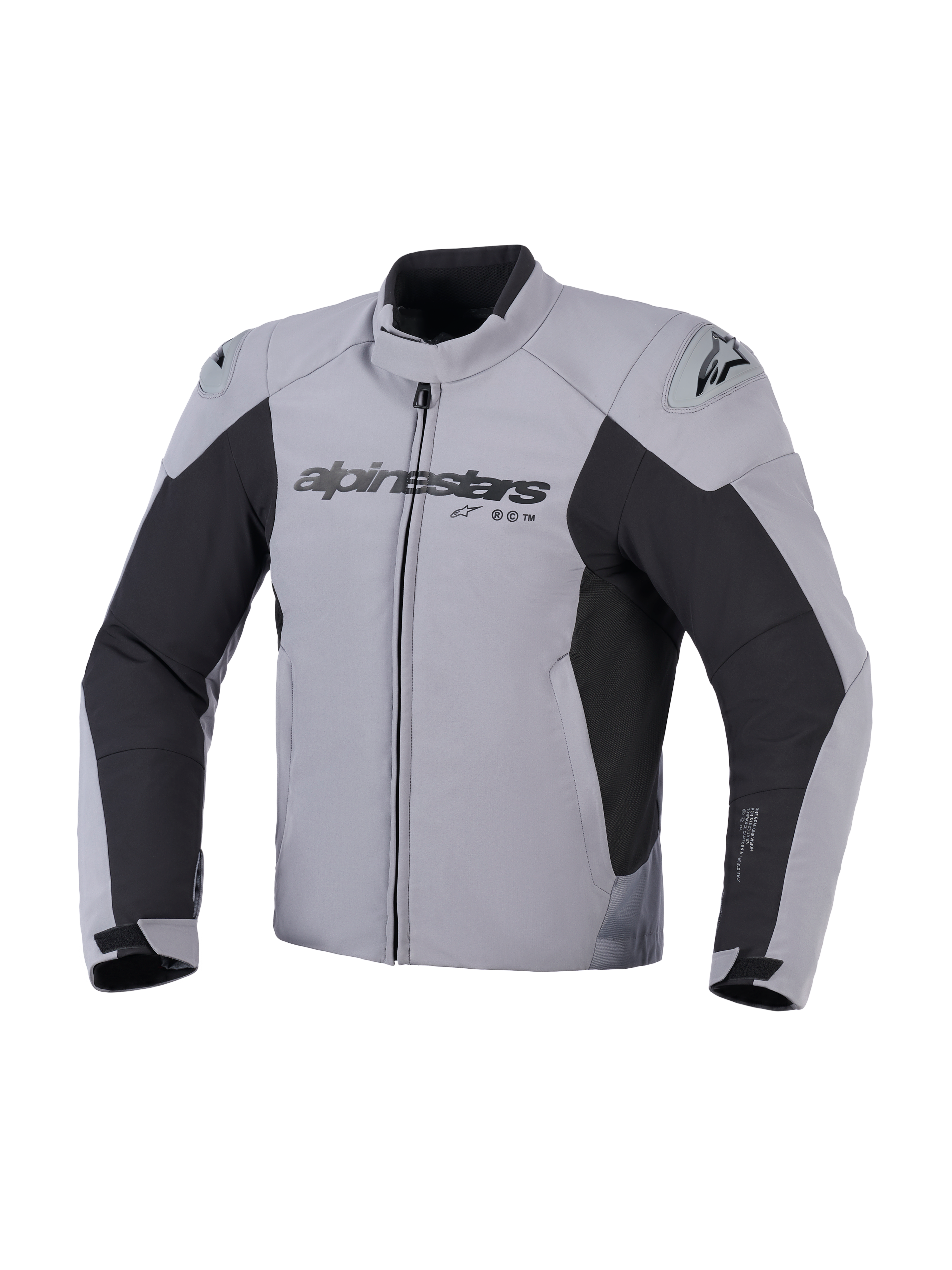 Alpinestars SMX Vandtæt Jakke, motorcykeljakke, mørkegrå og sort, set forfra med Alpinestars-logo på brystet og DFS Lite-skulderskydere, tekstildesign med sport-pasform til landevejskørsel