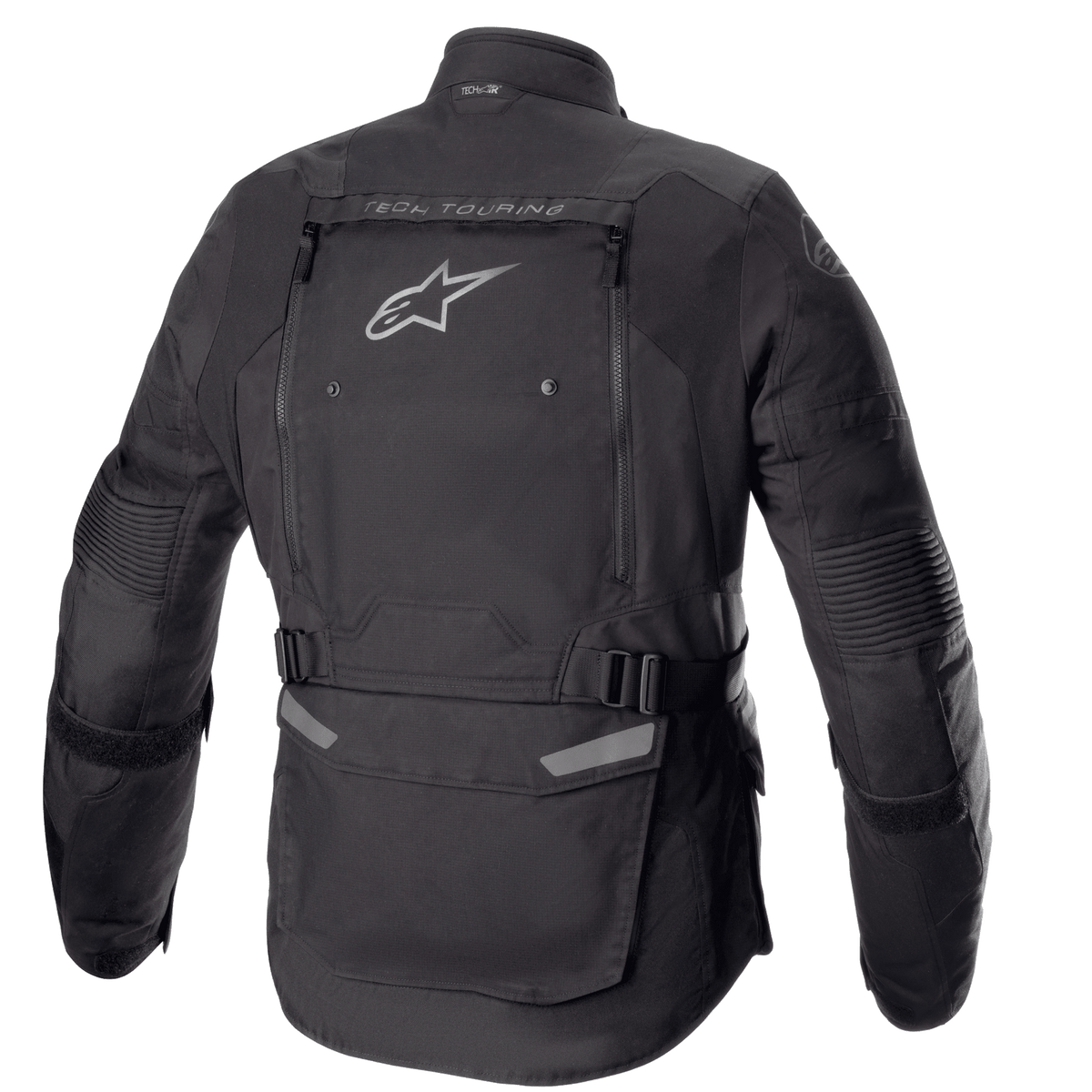 Alpinestars Bogotá Pro Drystar® jakke, set bagfra, sort, tekstil motorcykeljakke med et stort ventilationspanel på ryggen med Alpinestars-logo, 'TECH TOURING'-branding, justerbare taljestropper og harmonika-paneler på albuerne