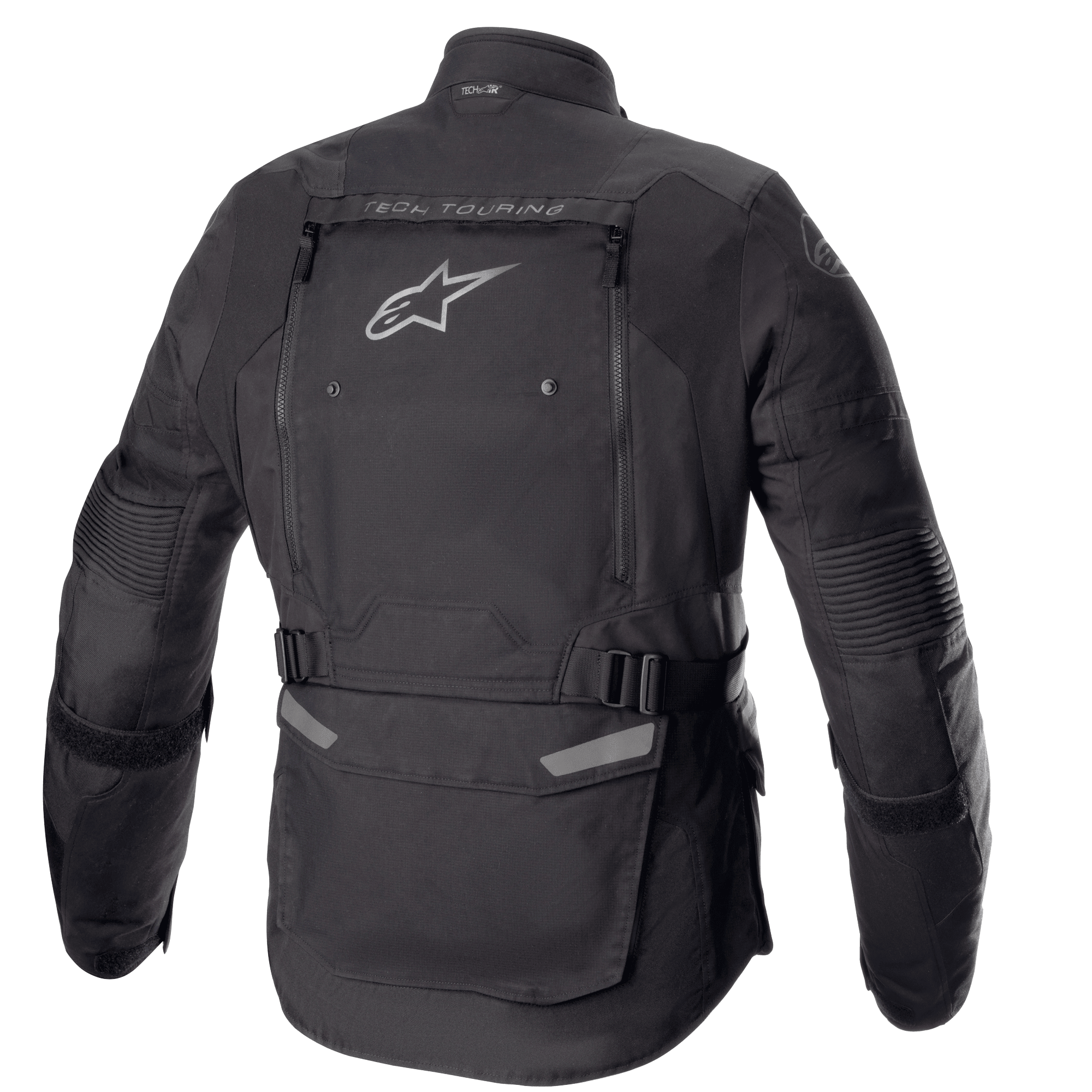 Alpinestars Bogotá Pro Drystar® jakke, set bagfra, sort, tekstil motorcykeljakke med et stort ventilationspanel på ryggen med Alpinestars-logo, 'TECH TOURING'-branding, justerbare taljestropper og harmonika-paneler på albuerne