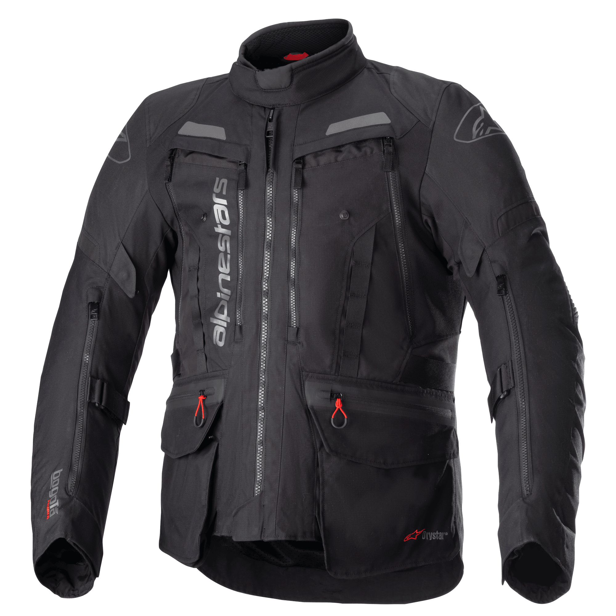 Alpinestars Bogota Pro Drystar jakke, helsort motorcykel touringjakke, grå og røde detaljer, store ventilationspaneler på brystet, vandtætte lommer med røde snoretræk, høj beskyttende krave, slidstærk tekstilkonstruktion til adventure-kørsel