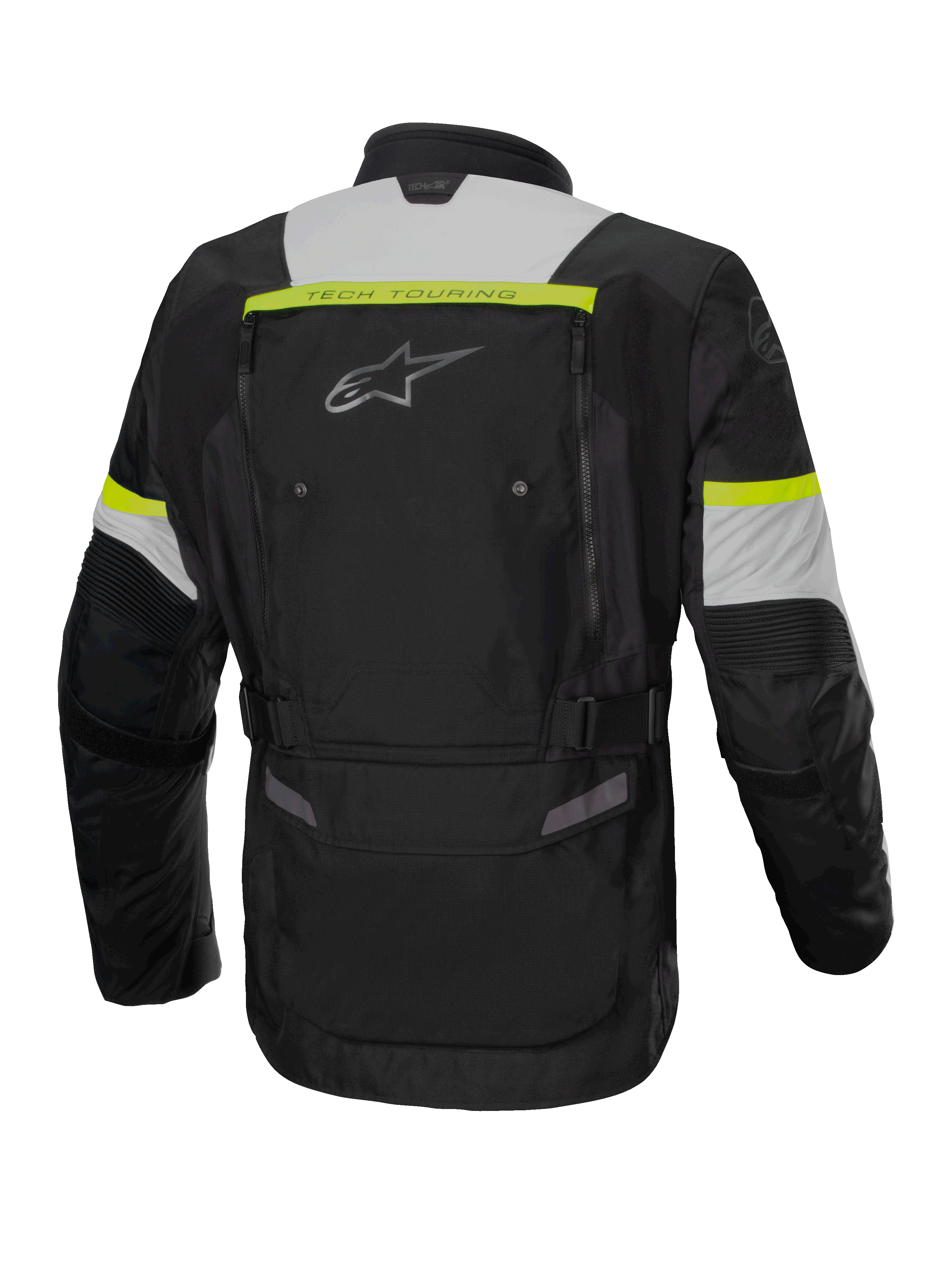 Alpinestars Bogota' Pro Drystar® Jakke, herre-motorcykeljakke til adventure touring, sort, grå og gul fluo, vandtæt tekstil, set bagfra.