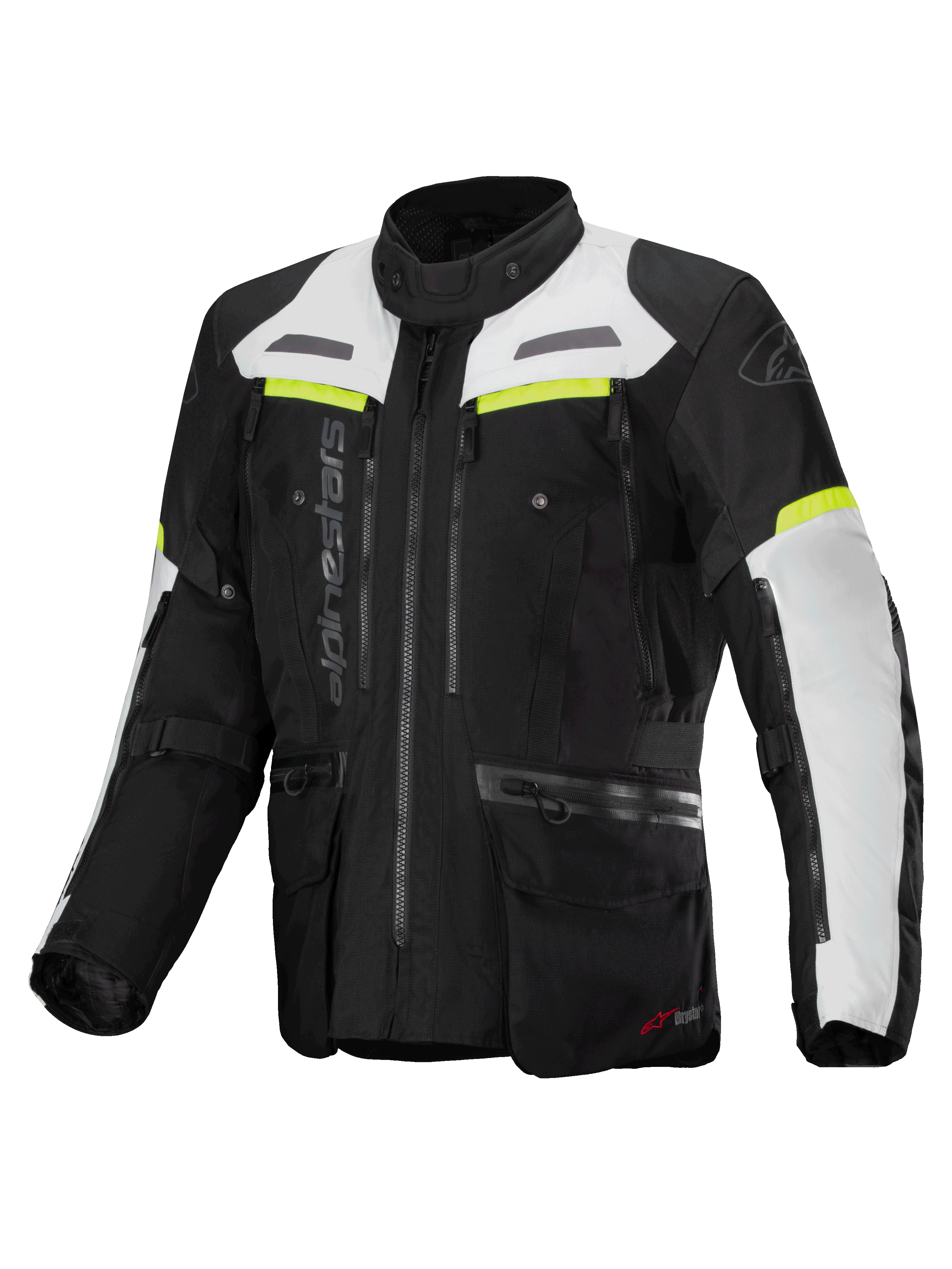 Alpinestars Bogota' Pro Drystar® Jakke, sort og grå herre-motorcykeljakke til adventure touring med gul fluo, CE-godkendt.