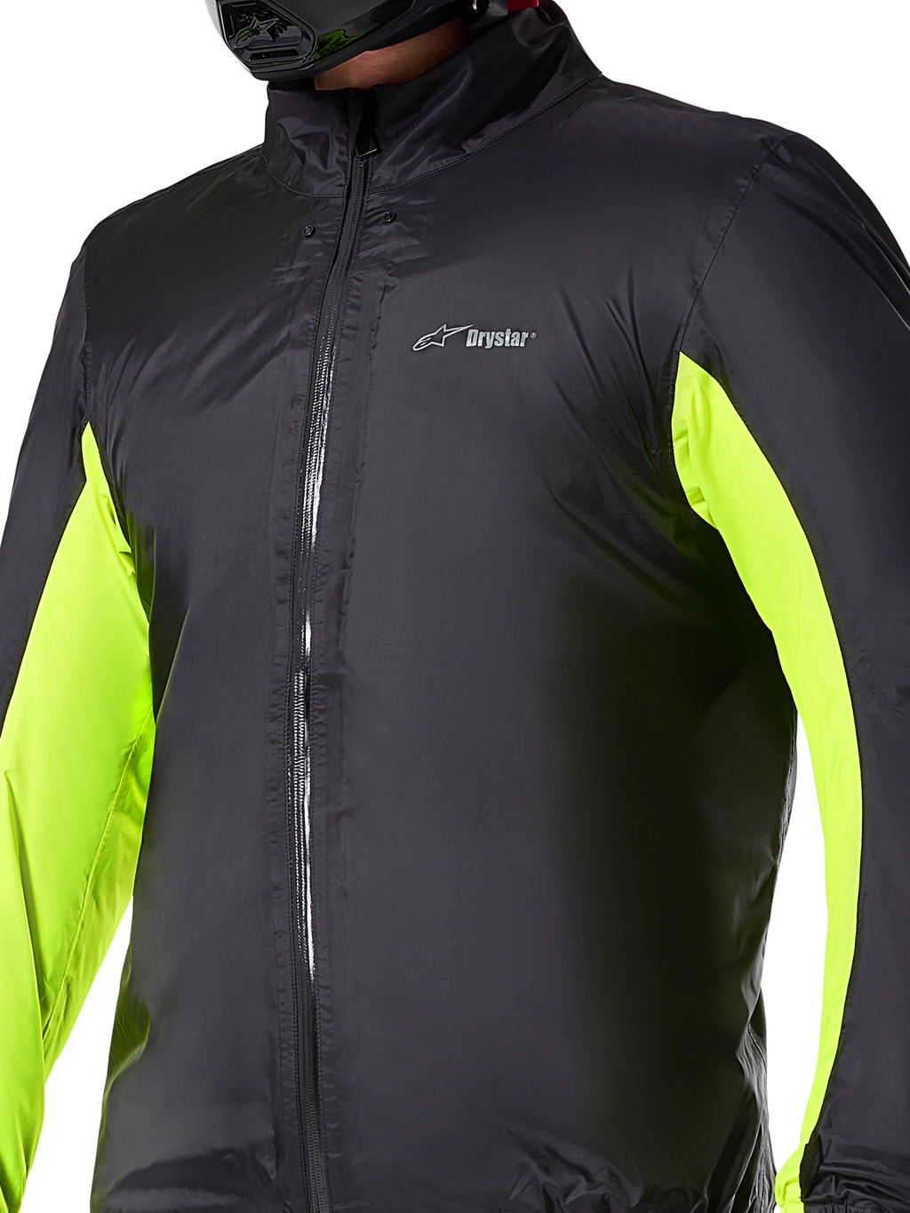 Alpinestars Bogotá Pro Drystar® Jakke vandtæt liner, teknisk motorcykel-lag, sort med neongule paneler på armene, lynlåslukning foran og Drystar-logo på brystet, designet til beskyttelse under kørsel i al slags vejr