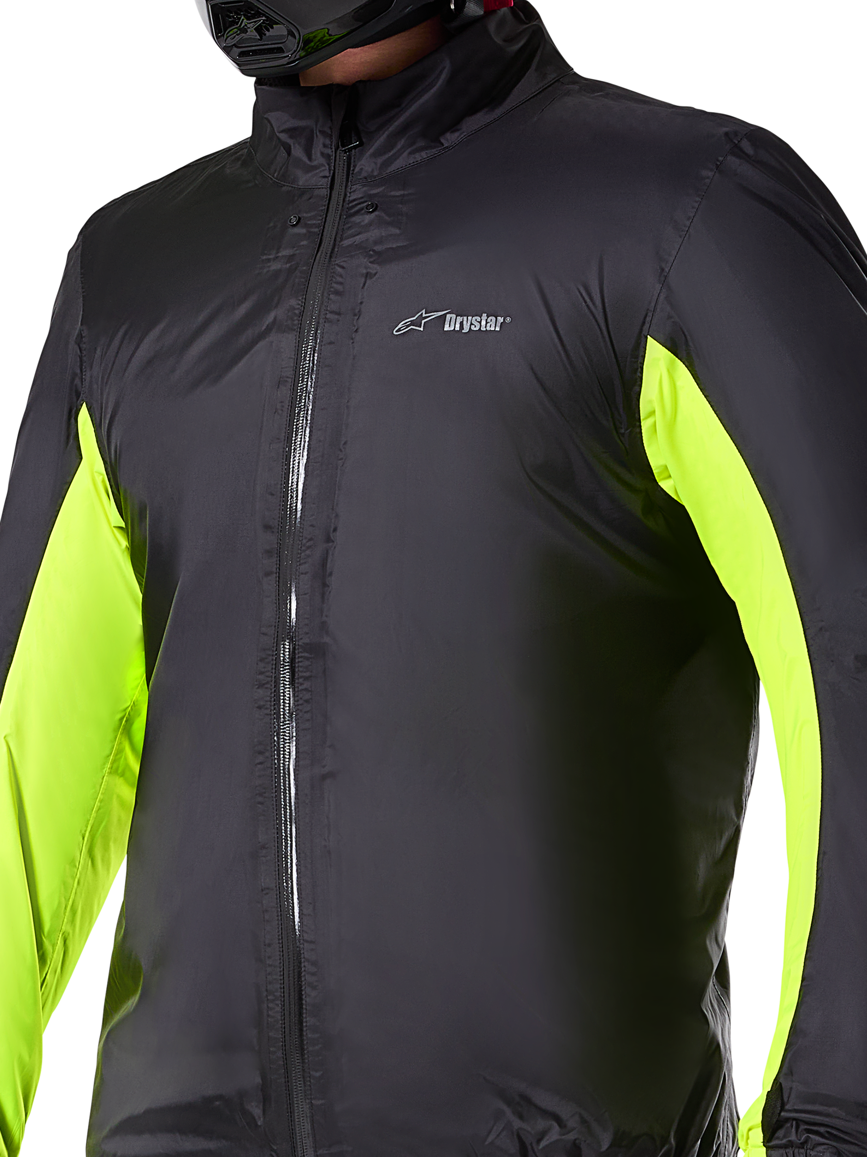 Alpinestars Bogotá Pro Drystar® Jakke vandtæt liner, teknisk motorcykel-lag, sort med neongule paneler på armene, lynlåslukning foran og Drystar-logo på brystet, designet til beskyttelse under kørsel i al slags vejr