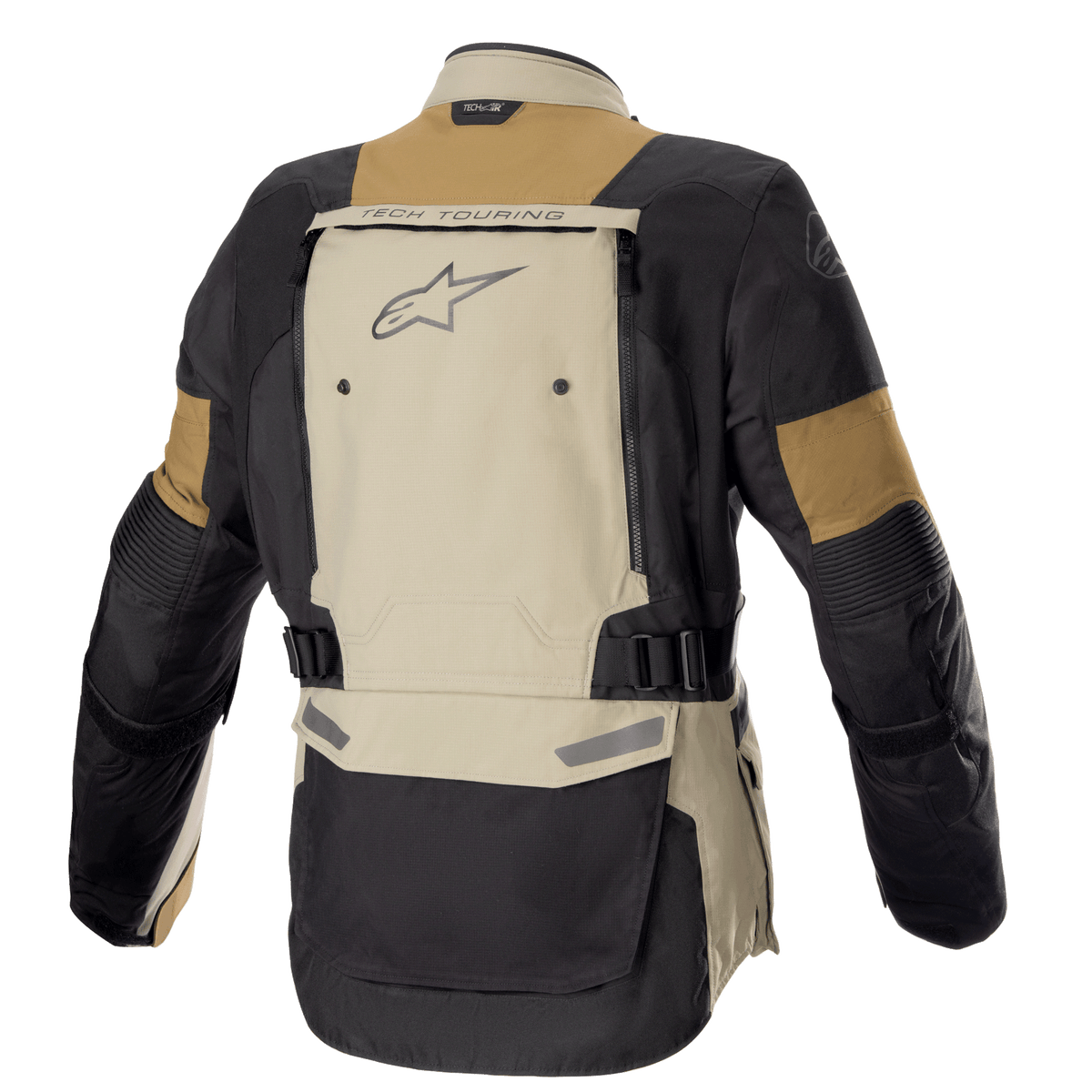 Alpinestars Bogota' Pro Drystar® jakke, adventure-motorcykeljakke, Vetiver Military Olive og sort, set bagfra med stort ventilationspanel på ryggen, "TECH TOURING"-branding og Alpinestars-logo, justerbare taljestropper og slidstærk tekstilkonstruktion til touring året rundt.
