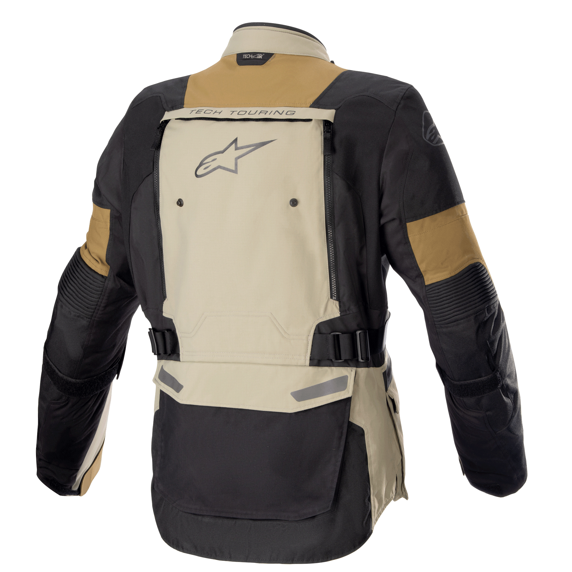 Alpinestars Bogota' Pro Drystar® jakke, adventure-motorcykeljakke, Vetiver Military Olive og sort, set bagfra med stort ventilationspanel på ryggen, "TECH TOURING"-branding og Alpinestars-logo, justerbare taljestropper og slidstærk tekstilkonstruktion til touring året rundt.