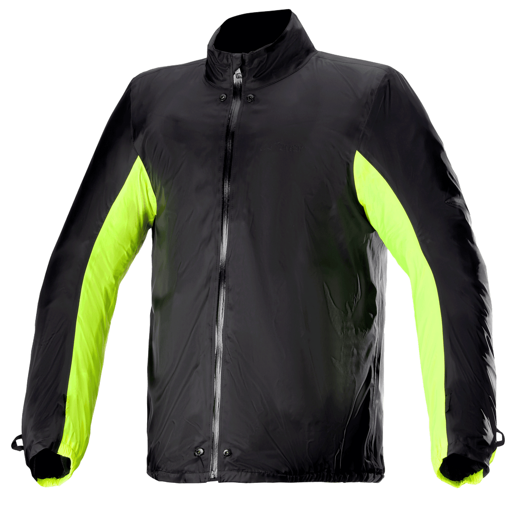 Alpinestars Bogota' Pro Drystar® Jacket Rain Cover, vandtæt regnslag til motorcykeljakke, sort med neon-gule side- og armpaneler, gennemgående lynlås foran med trykknapper ved hals og talje, teknisk tilbehør til kørsel i al slags vejr