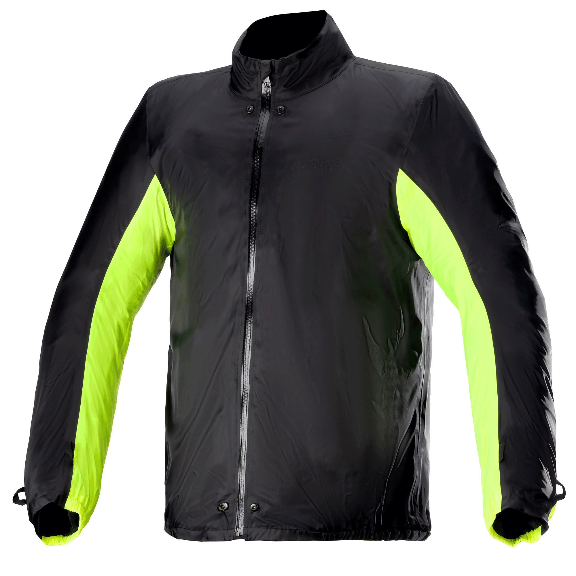 Alpinestars Bogota' Pro Drystar® Jacket Rain Cover, vandtæt regnslag til motorcykeljakke, sort med neon-gule side- og armpaneler, gennemgående lynlås foran med trykknapper ved hals og talje, teknisk tilbehør til kørsel i al slags vejr