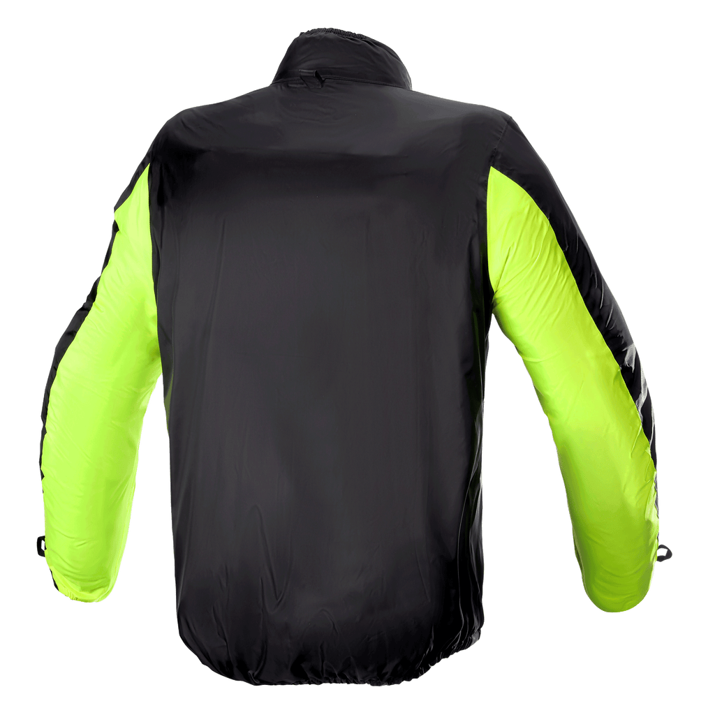 Alpinestars Bogota' Pro Drystar® regnslag til jakke, set bagfra, sort med fluorescerende gule ærmer, letvægts vandtæt konstruktion for høj synlighed og vejrbeskyttelse