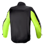 Alpinestars Bogota' Pro Drystar® regnslag til jakke, set bagfra, sort med fluorescerende gule ærmer, letvægts vandtæt konstruktion for høj synlighed og vejrbeskyttelse