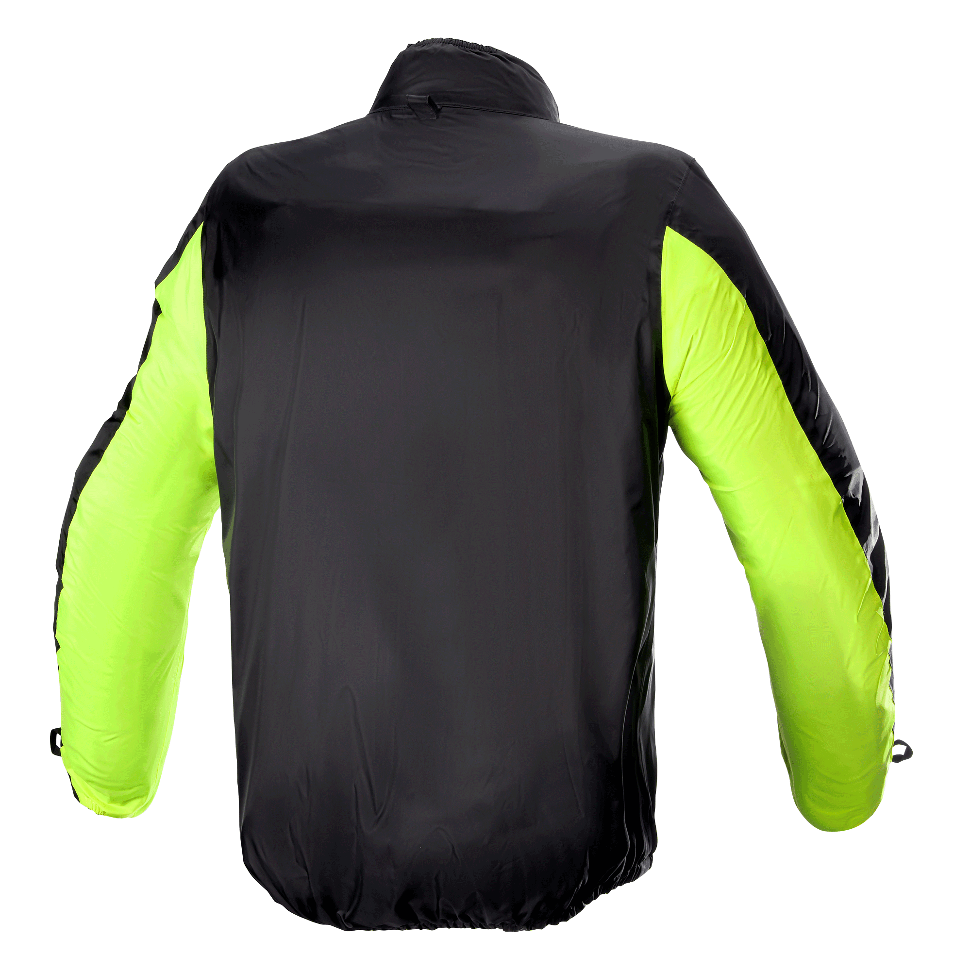 Alpinestars Bogota' Pro Drystar® regnslag til jakke, set bagfra, sort med fluorescerende gule ærmer, letvægts vandtæt konstruktion for høj synlighed og vejrbeskyttelse