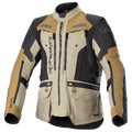 Alpinestars Bogota Pro Drystar-jakke, motorcykel adventure touring-jakke, beige, sort og tan, vandtæt tekstilkonstruktion, flere lommer med røde trækstropper, forstærkede beskyttelsesområder og design med høj krave
