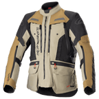 Alpinestars Bogota Pro Drystar-jakke, motorcykel adventure touring-jakke, beige, sort og tan, vandtæt tekstilkonstruktion, flere lommer med røde trækstropper, forstærkede beskyttelsesområder og design med høj krave