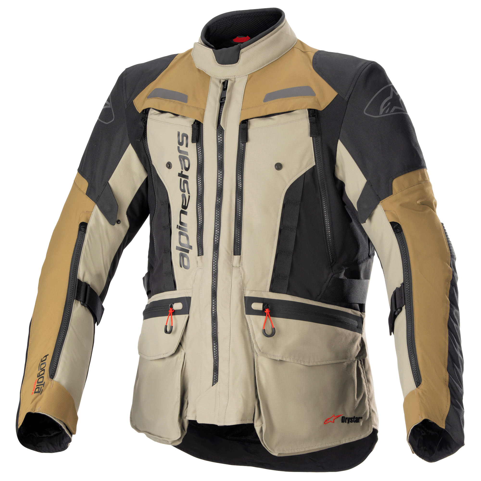 Alpinestars Bogota Pro Drystar-jakke, motorcykel adventure touring-jakke, beige, sort og tan, vandtæt tekstilkonstruktion, flere lommer med røde trækstropper, forstærkede beskyttelsesområder og design med høj krave