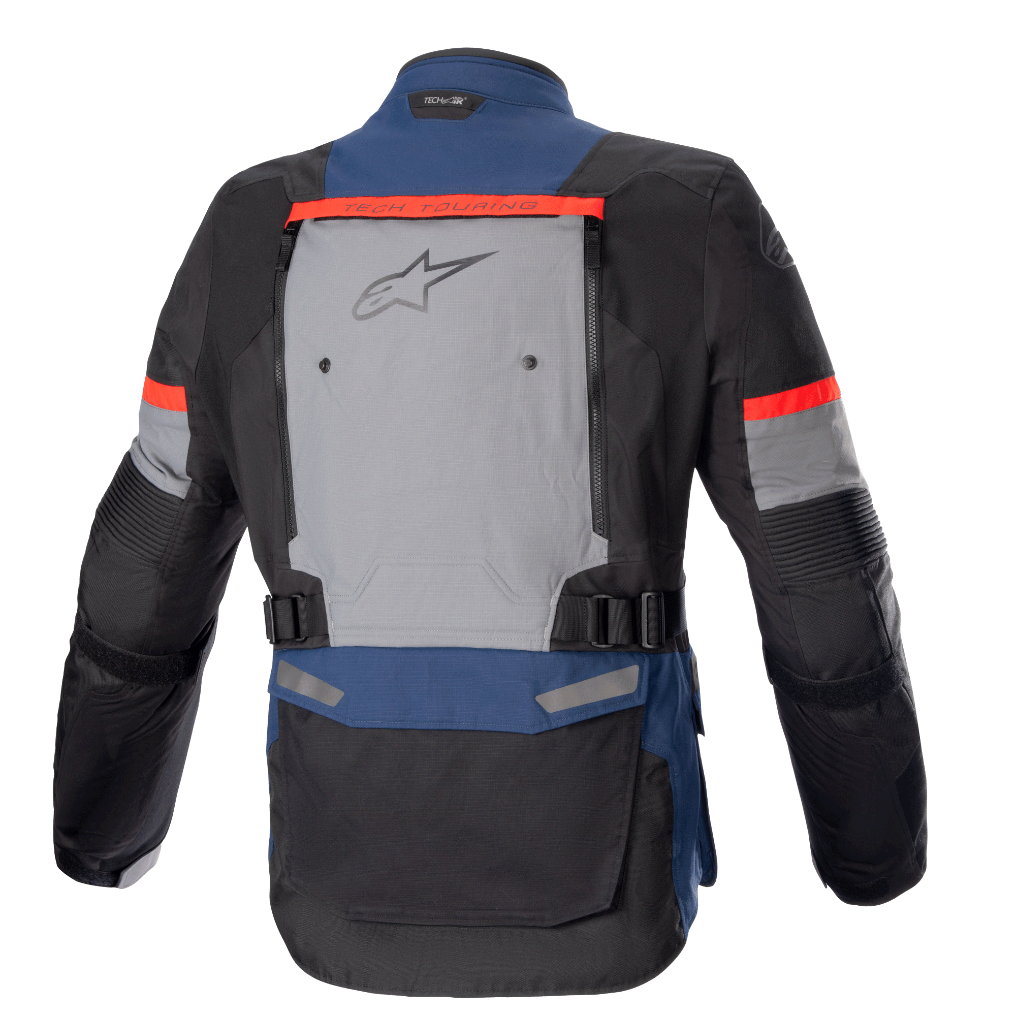 Alpinestars Bogotá Pro Drystar® Jakke, motorcykel adventure touring-jakke, mørkeblå, sort og klar rød, set bagfra med et stort gråt ventilationspanel med Alpinestars-logo, røde 'Tech Touring'-detaljer og justerbare taljeremme