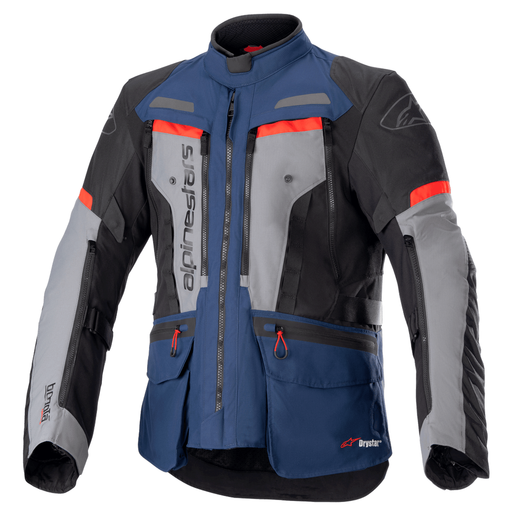 Alpinestars Bogota Pro Drystar jakke, motorcykel adventure touring-jakke, mørkeblå og sort med grå brystpaneler og klare røde detaljer, vandtæt tekstilkonstruktion, flere ventilationslynlåse og funktionelle lommer