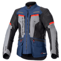 Alpinestars Bogota Pro Drystar jakke, motorcykel adventure touring-jakke, mørkeblå og sort med grå brystpaneler og klare røde detaljer, vandtæt tekstilkonstruktion, flere ventilationslynlåse og funktionelle lommer