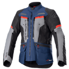 Alpinestars Bogota Pro Drystar jakke, motorcykel adventure touring-jakke, mørkeblå og sort med grå brystpaneler og klare røde detaljer, vandtæt tekstilkonstruktion, flere ventilationslynlåse og funktionelle lommer