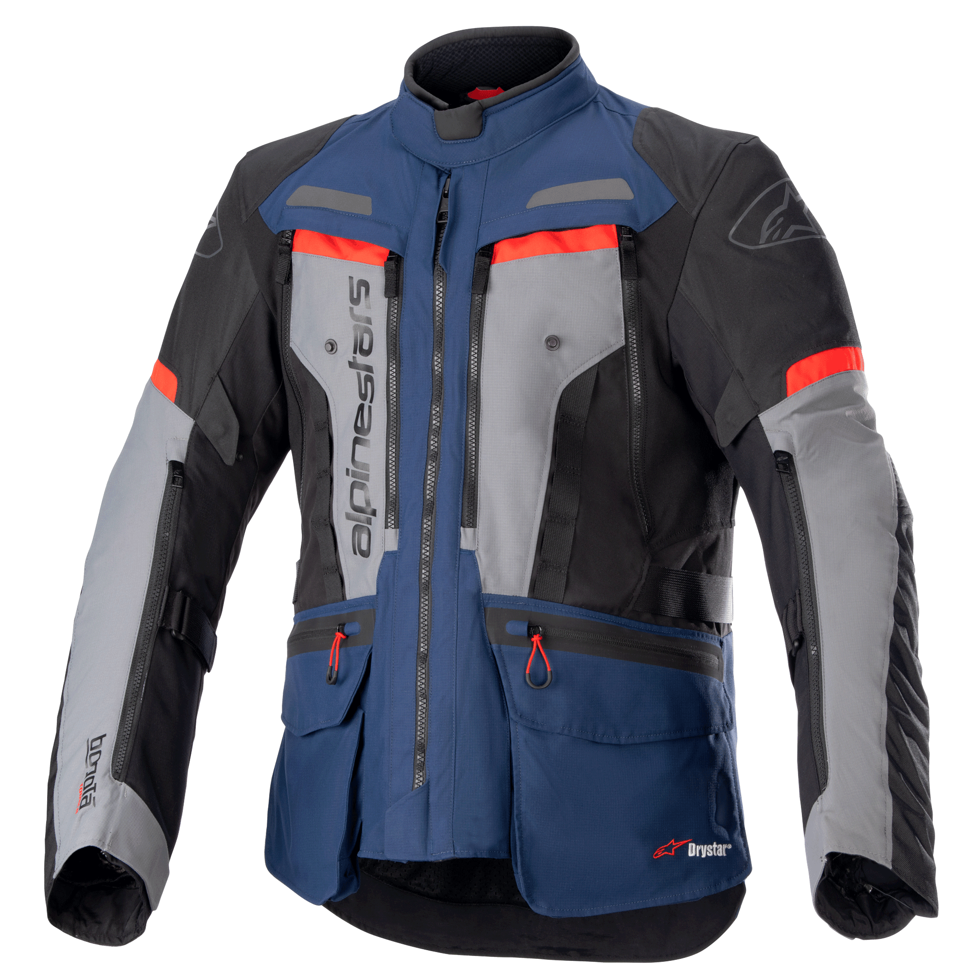 Alpinestars Bogota Pro Drystar jakke, motorcykel adventure touring-jakke, mørkeblå og sort med grå brystpaneler og klare røde detaljer, vandtæt tekstilkonstruktion, flere ventilationslynlåse og funktionelle lommer
