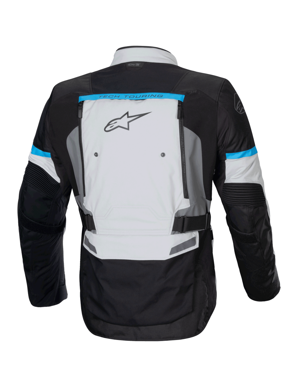 Alpinestars Bogota' Pro Drystar jakke, adventure motorcykeljakke i isgrå og sort med cyan detaljer og bagventilation.