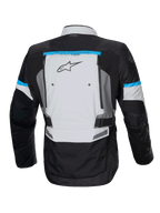 Alpinestars Bogota' Pro Drystar jakke, adventure motorcykeljakke i isgrå og sort med cyan detaljer og bagventilation.