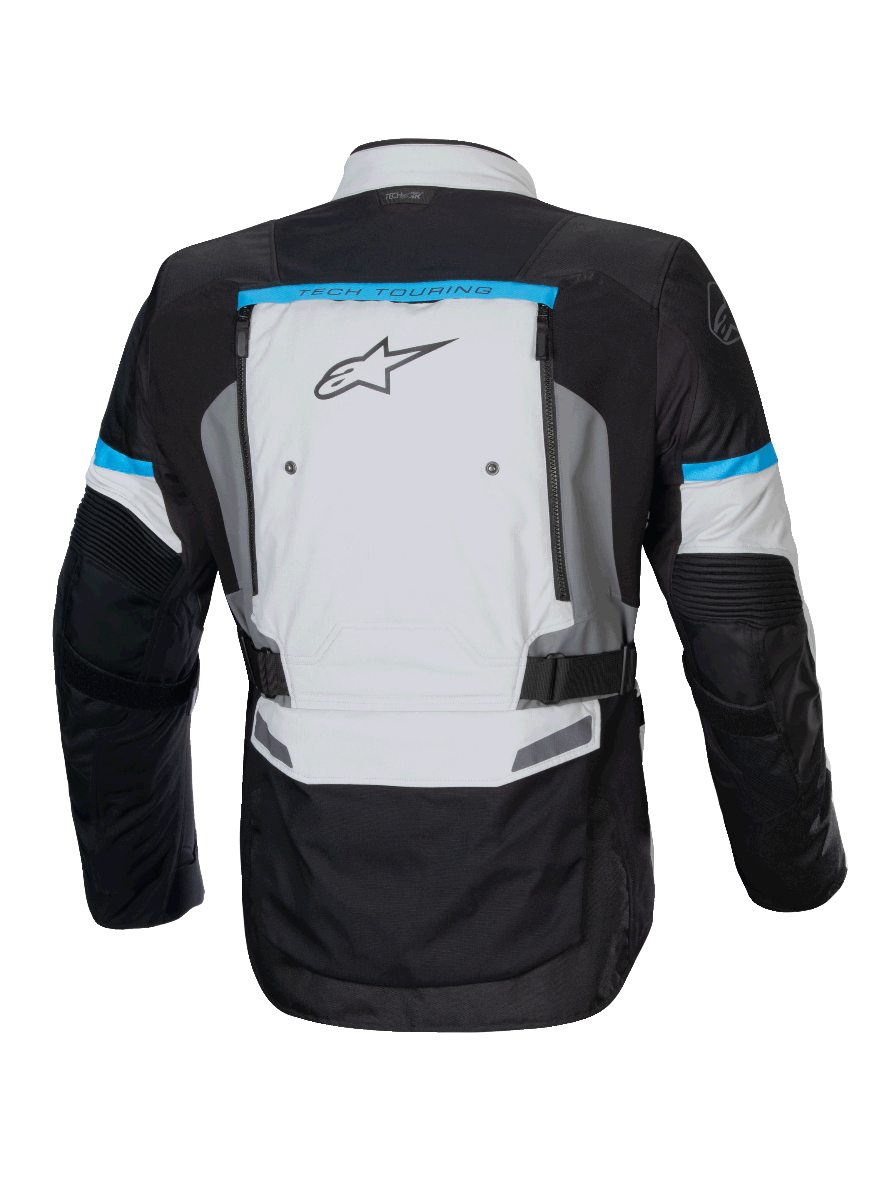 Alpinestars Bogota' Pro Drystar jakke, adventure motorcykeljakke i isgrå og sort med cyan detaljer og bagventilation.