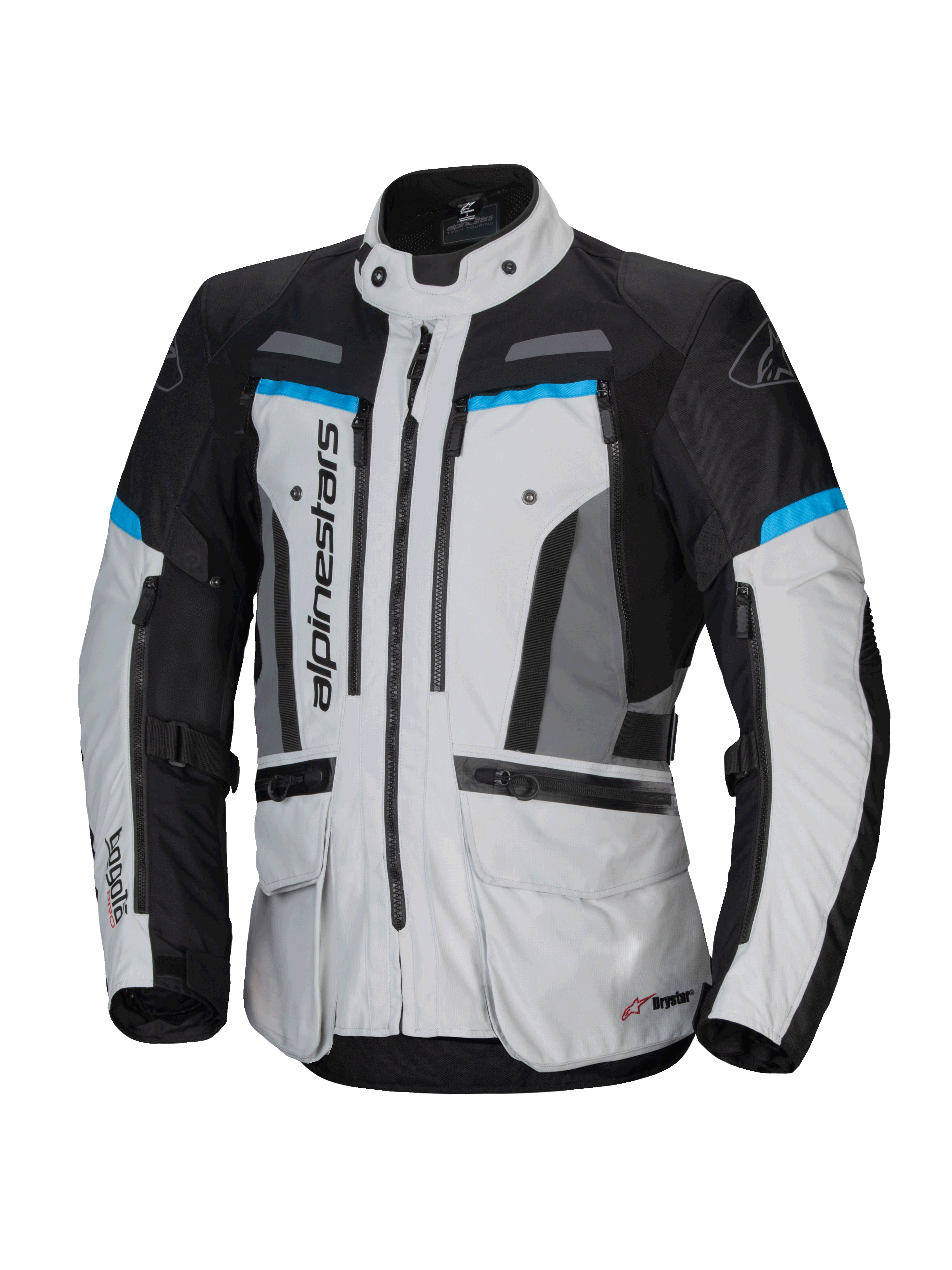 Alpinestars Bogota' Pro Drystar® jakke, adventure touring motorcykeljakke til herrer, isgrå og sort med cyan accenter, vandtæt tekstilkonstruktion, CE-certificeret