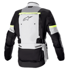 Alpinestars Bogota' Pro Drystar® jakke, set bagfra, isgrå, mørkegrå og fluorescerende gul, med et stort ventilationspanel på ryggen, fluorescerende gule refleksdetaljer og justerbare taljeremme, motorcykel adventure touring-udstyr