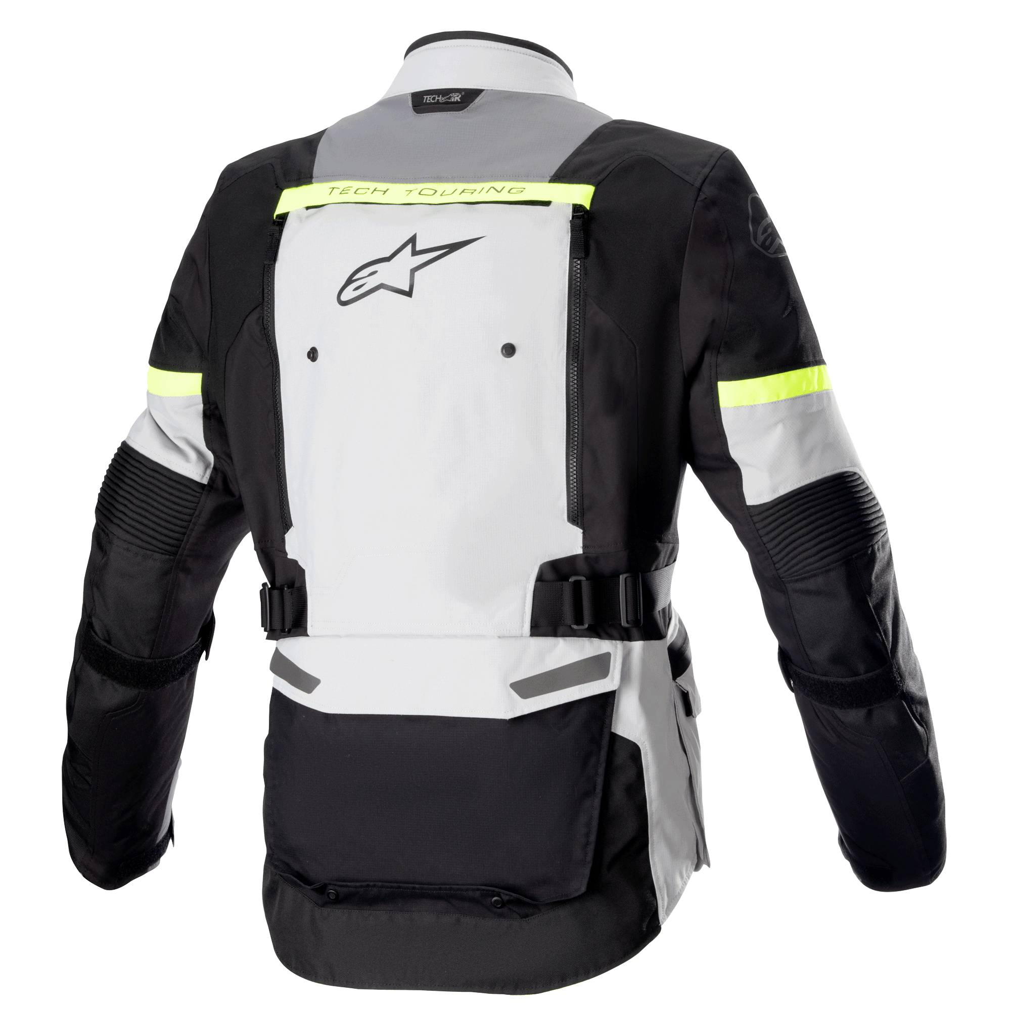 Alpinestars Bogota' Pro Drystar® jakke, set bagfra, isgrå, mørkegrå og fluorescerende gul, med et stort ventilationspanel på ryggen, fluorescerende gule refleksdetaljer og justerbare taljeremme, motorcykel adventure touring-udstyr