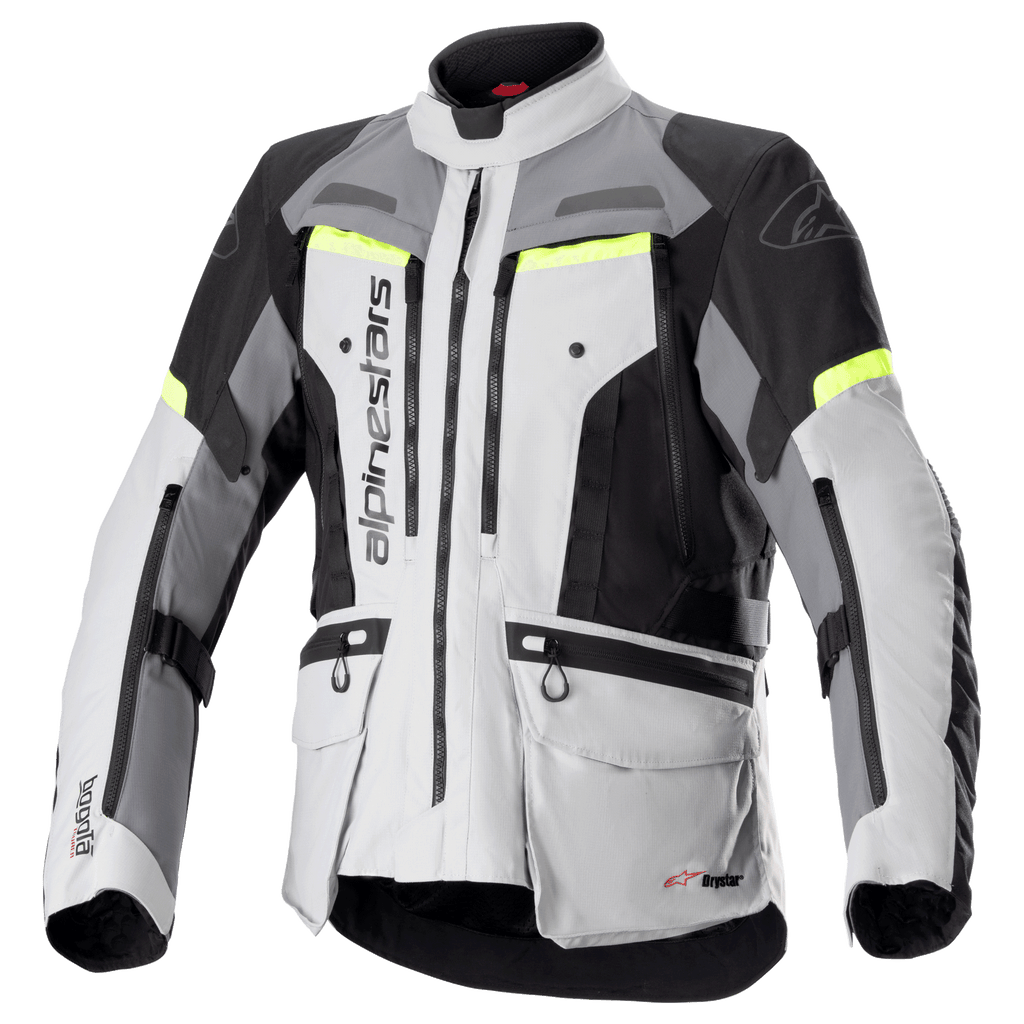 Alpinestars Bogota Pro Drystar jakke, motorcykeljakke til adventure og touring, isgrå og mørkegrå med sorte paneler og neongule detaljer, flere cargolommer og ventilationslynlåse, holdbart vandtæt tekstildesign til kørsel i al slags vejr