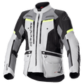 Alpinestars Bogota Pro Drystar jakke, motorcykeljakke til adventure og touring, isgrå og mørkegrå med sorte paneler og neongule detaljer, flere cargolommer og ventilationslynlåse, holdbart vandtæt tekstildesign til kørsel i al slags vejr