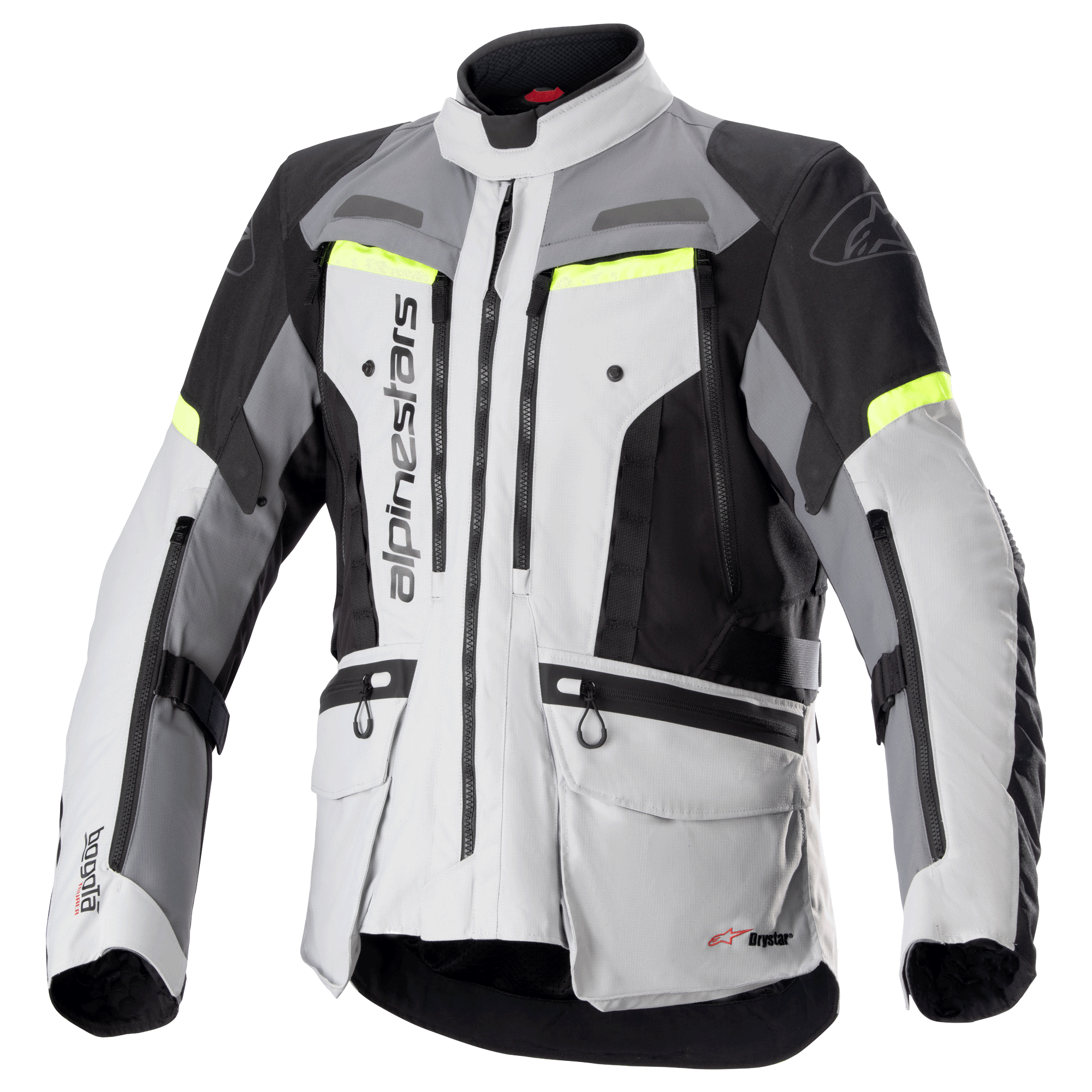 Alpinestars Bogota Pro Drystar jakke, motorcykeljakke til adventure og touring, isgrå og mørkegrå med sorte paneler og neongule detaljer, flere cargolommer og ventilationslynlåse, holdbart vandtæt tekstildesign til kørsel i al slags vejr