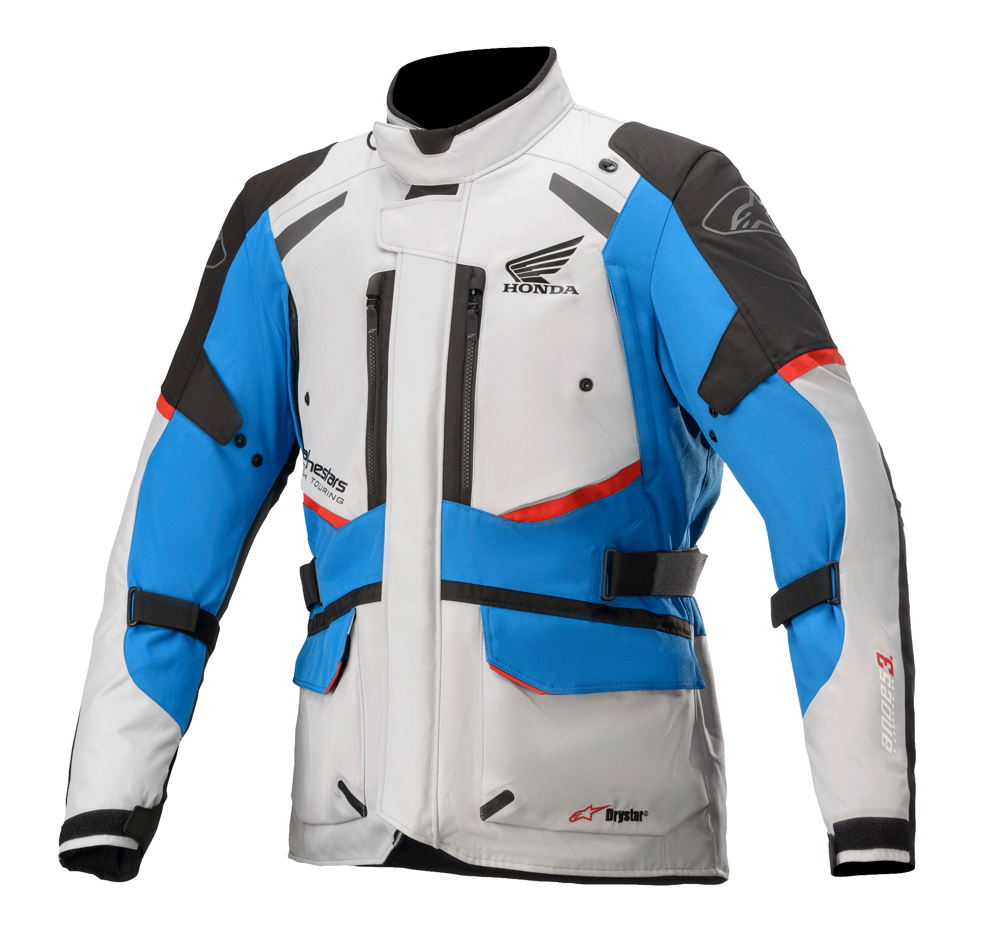 Alpinestars Honda Andes V3 Drystar® jakke, motorcykel touringjakke, isgrå blå og klar rød, vandtæt design med høj krave, flere ventilationsåbninger med lynlås, cargolommer og justerbare stropper, med Honda-branding